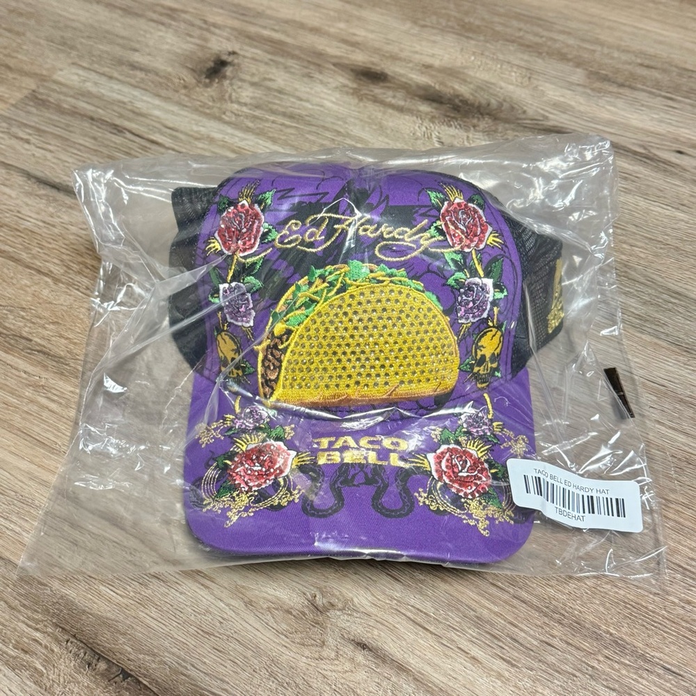Ed Hardy Taco Bell Y2K Prpl Rhinestone Embroidered Mesh Trucker Baseball Cap Hat - Picture 2 of 3